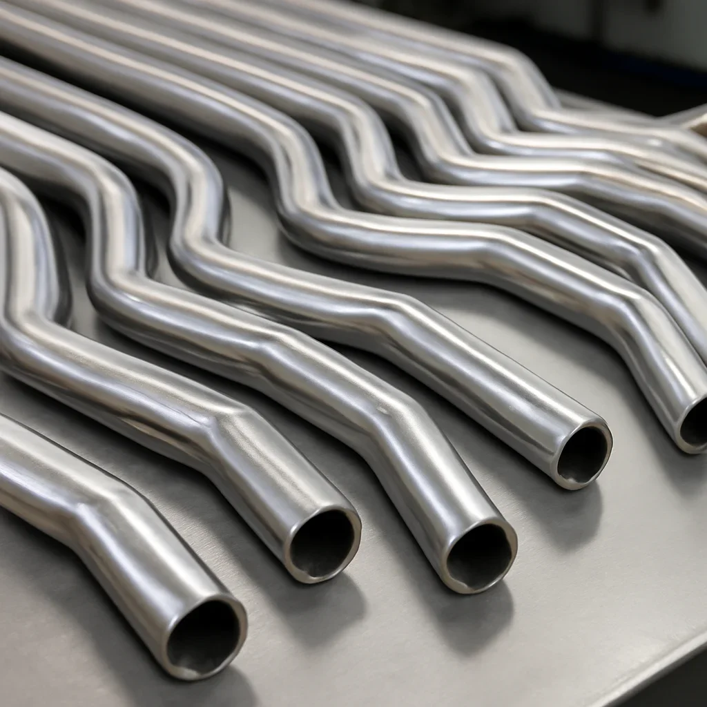 Bent and formed stainless steel tubular components staged for inspection
