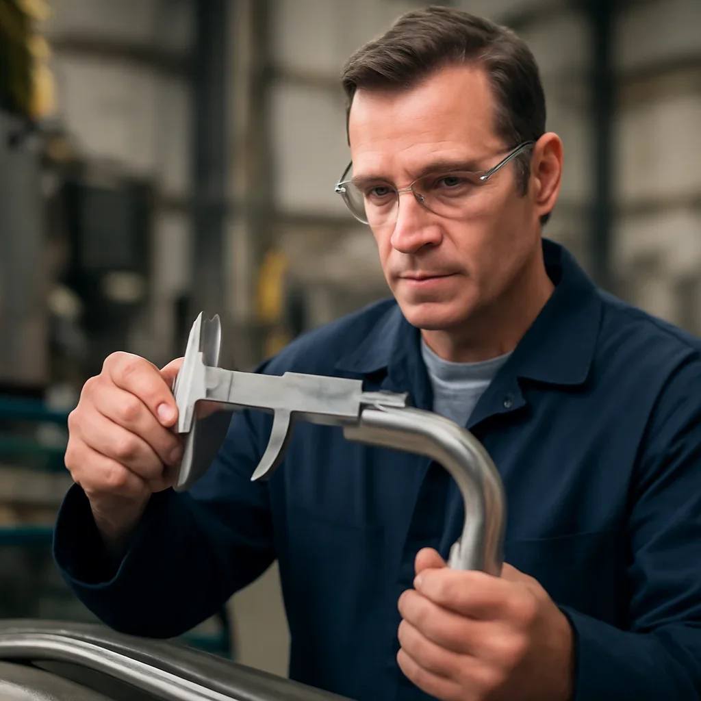 Inspector checking custom bent tube dimensions with calibrated tools
